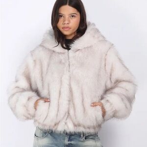 Faux Fur Hooded Bomber White Gray Small NWT